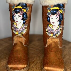 Ed Hardy Kiss Of Death Geisha Satin Brown Boots Women's Size 6